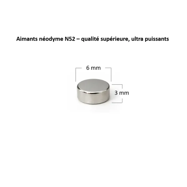 Schéma des dimensions d’un aimant néodyme N52 cylindrique, diamètre 6 mm et épaisseur 3 mm