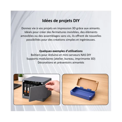 Exemples d’utilisations d’aimants néodyme N52 pour projets DIY et impression 3D : boîtiers, fermetures invisibles et supports modulaires