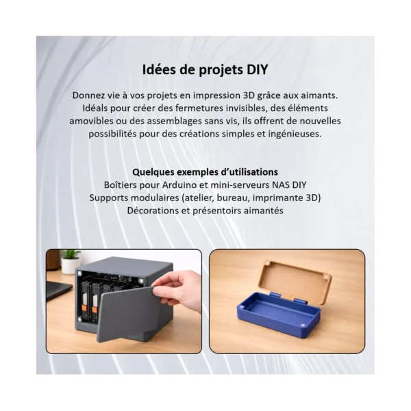 Exemples d’utilisations d’aimants néodyme N52 pour projets DIY et impression 3D : boîtiers, fermetures invisibles et supports modulaires