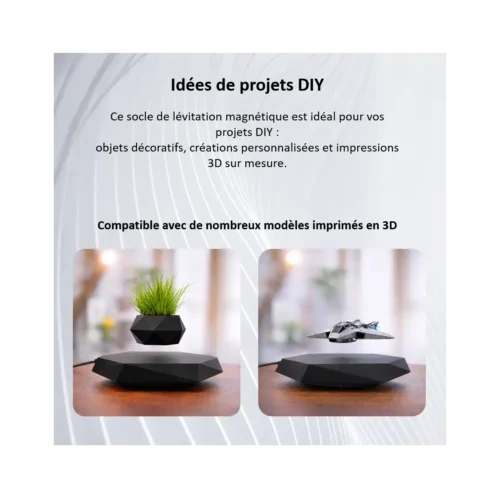 Socle de lévitation magnétique noir avec objet décoratif imprimé en 3D flottant, idéal pour projets DIY et créations personnalisées