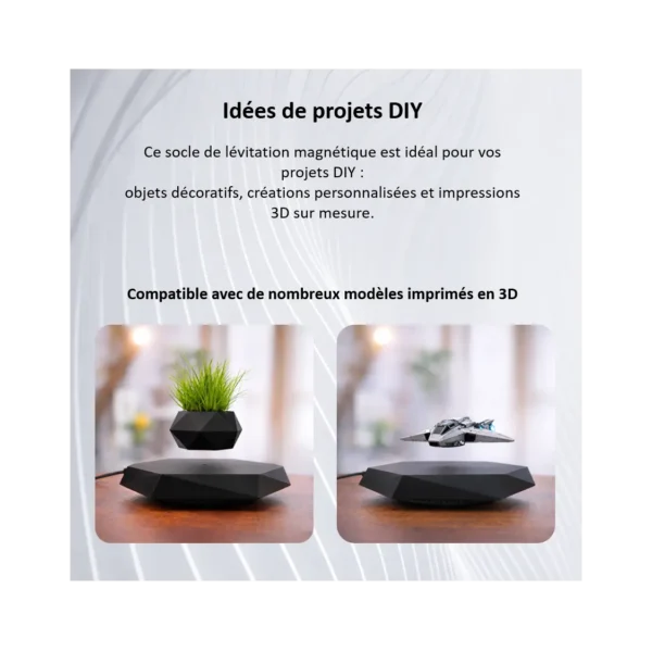 Socle de lévitation magnétique noir avec objet décoratif imprimé en 3D flottant, idéal pour projets DIY et créations personnalisées