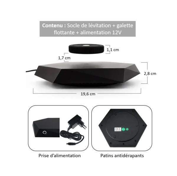 Dimensions du socle de lévitation magnétique avec galette flottante et alimentation 12V, diamètre 19,6 cm