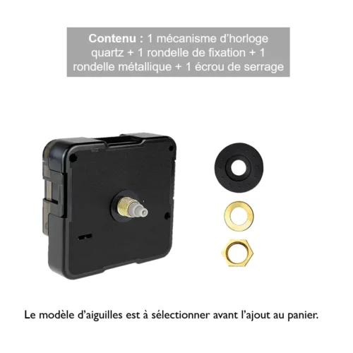 mecanisme-horloge-quartz-contenu-pack Mécanisme d’horloge quartz avec rondelles de fixation et écrou de serrage.