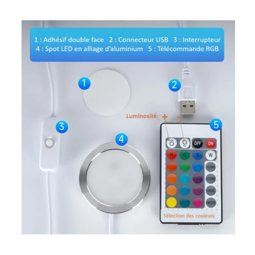 Éléments inclus avec le mini spot LED RGB USB