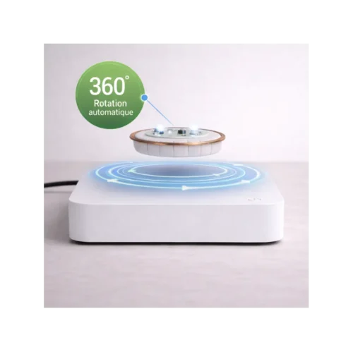 Socle de lévitation magnétique blanc avec galette flottante et led rgb, rotation 360°