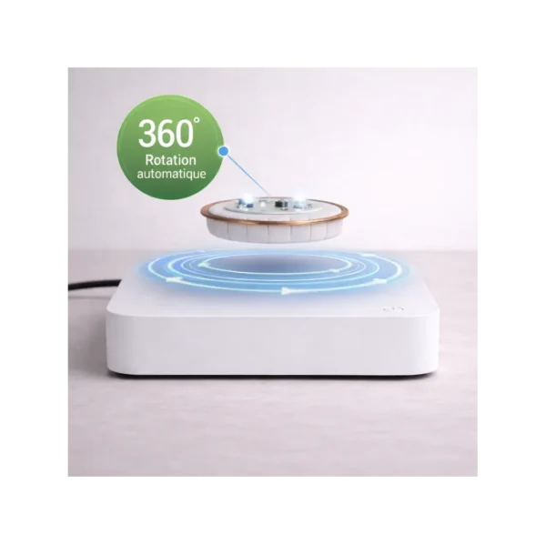 Socle de lévitation magnétique blanc avec galette flottante et led rgb, rotation 360°