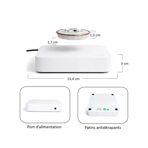 Socle de lévitation magnétique blanc avec galette flottante et led rgb, dimensions