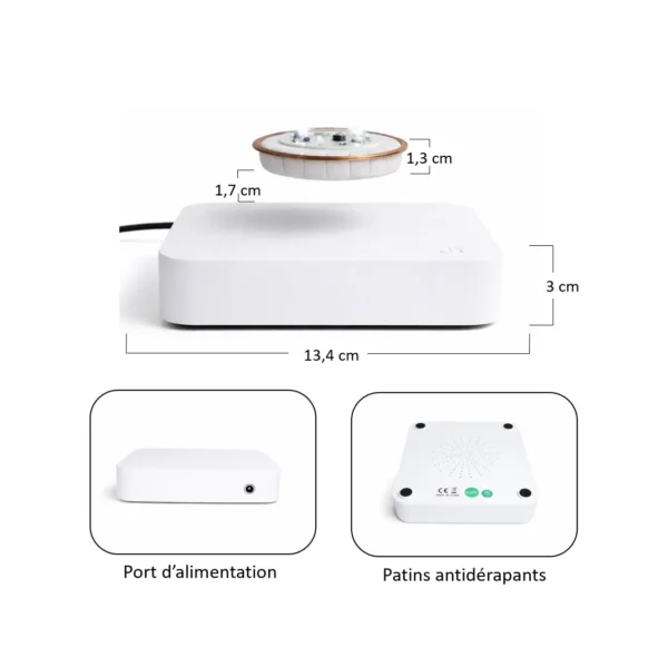 Socle de lévitation magnétique blanc avec galette flottante et led rgb, dimensions