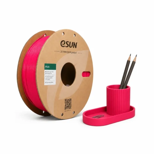 Bobine eSUN PLA+ magenta avec un organisateur de bureau, pot à crayons et plateau