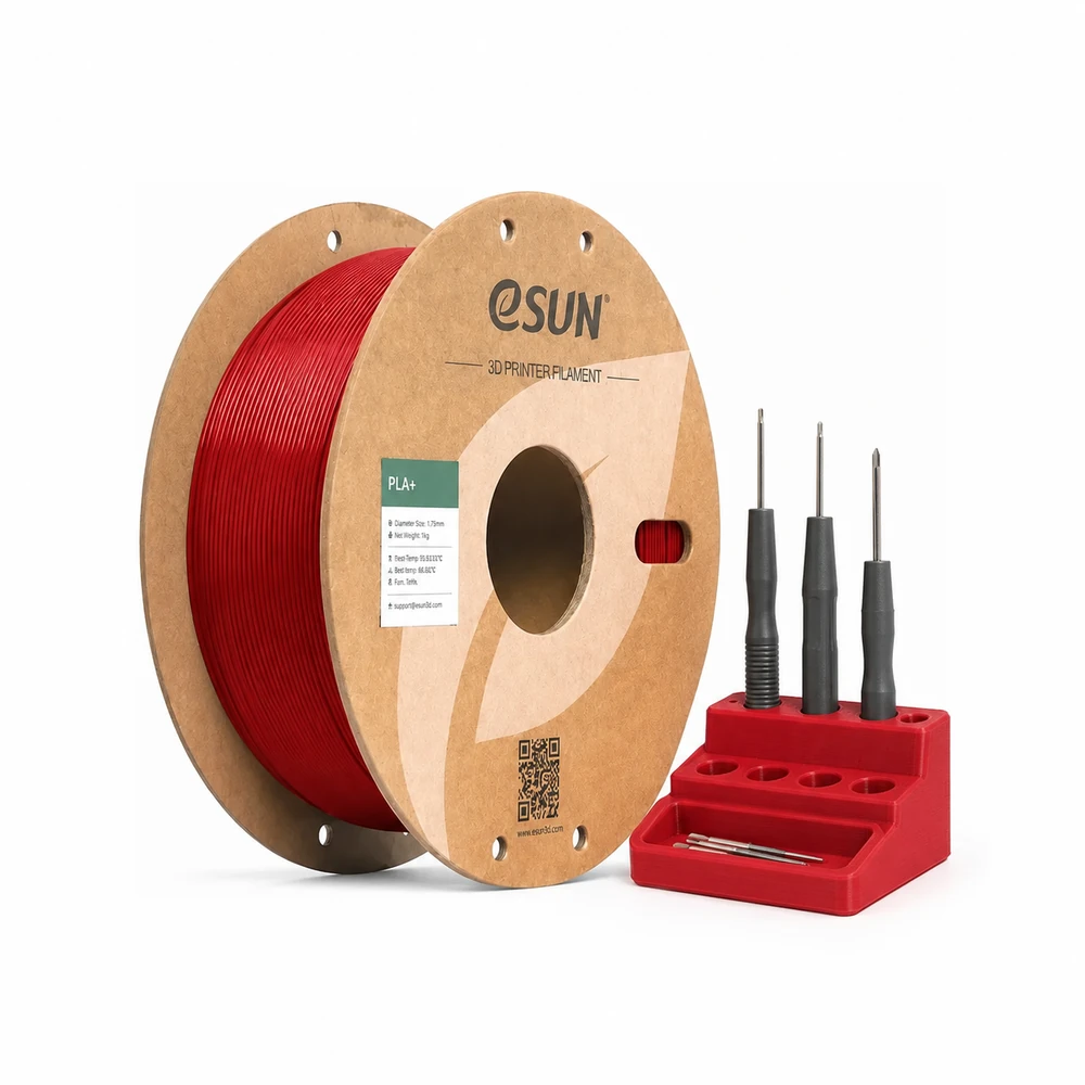 Bobine eSUN PLA+ rouge pompier avec un organisateur d’outils et trois tournevis de précision