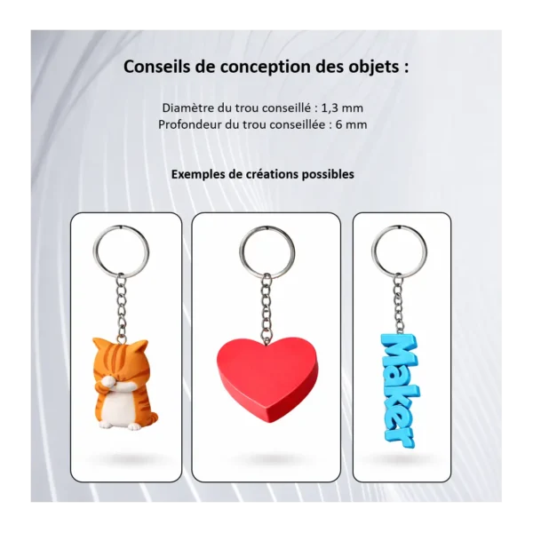 Idées de porte-clés personnalisés : figurine orange, cœur rouge et prénom bleu