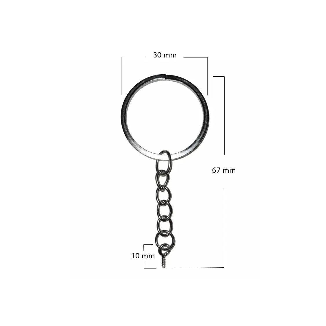 Dimensions du porte-clé DIY avec anneau de 30 mm et longueur totale de 67 mm