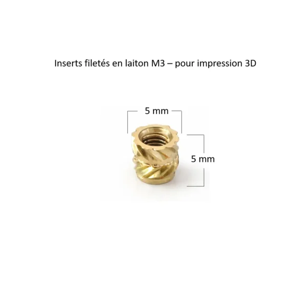 Dimensions de l’insert M3 : diamètre extérieur 5 mm et longueur 5 mm