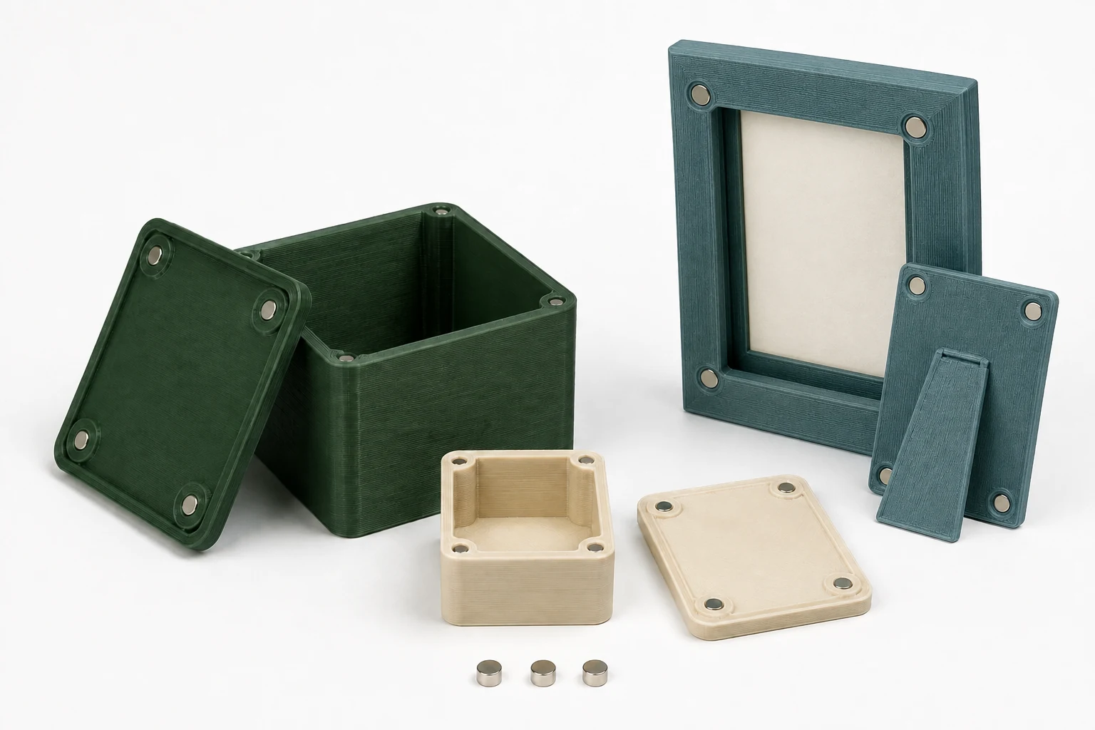 Exemples de projets imprimés en 3D avec fermetures aimantées : boîte, boîtier et dos de cadre photo.