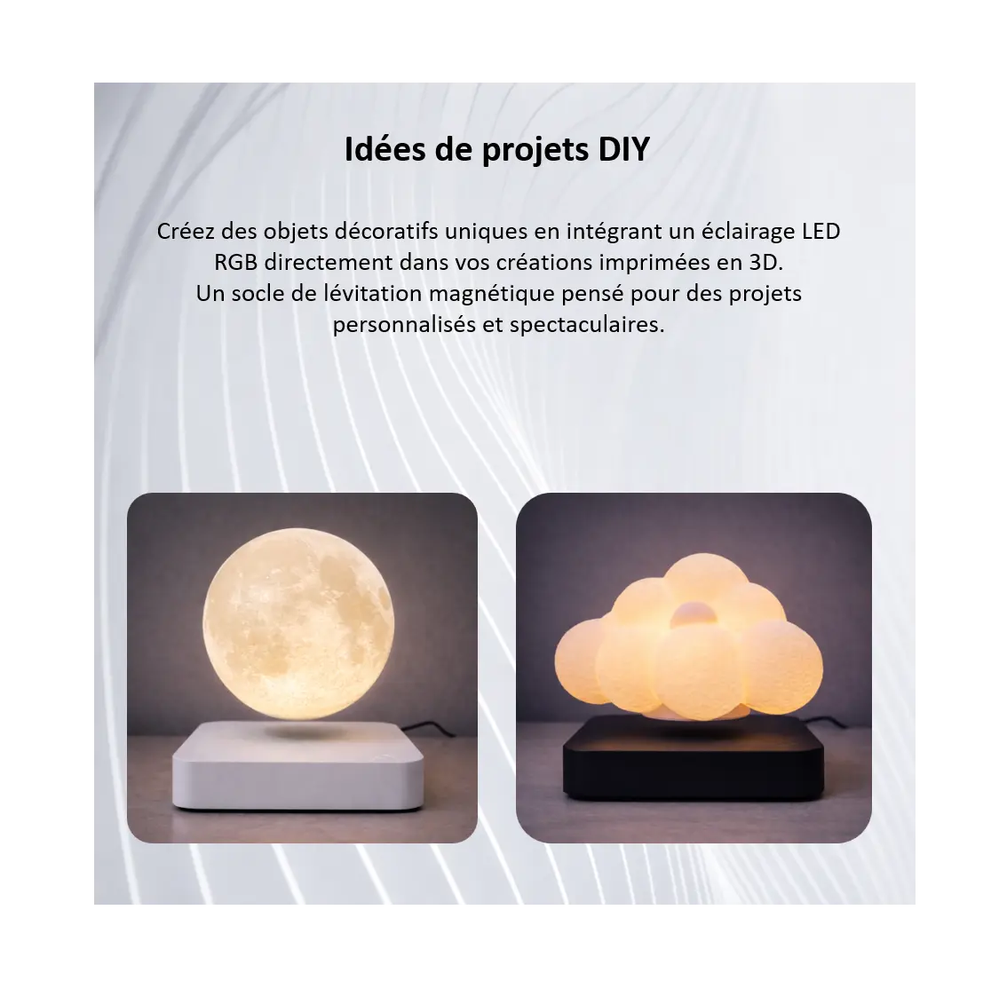 Idées de lampes décoratives : lune et nuage sur socles de lévitation
