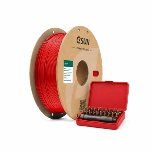 Bobine eSUN ABS+ rouge avec un coffret ouvert de rangement pour embouts de vissage