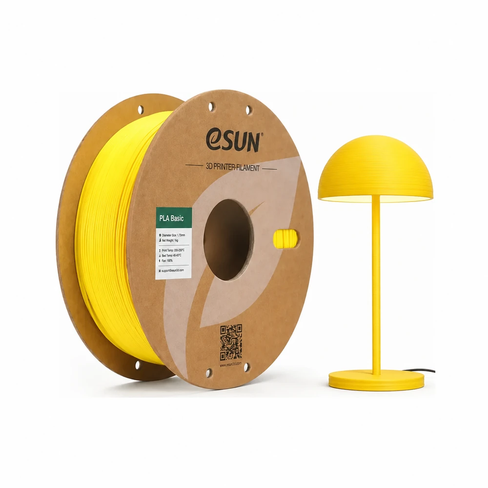 Bobine eSUN PLA Basic jaune avec une lampe de bureau élancée