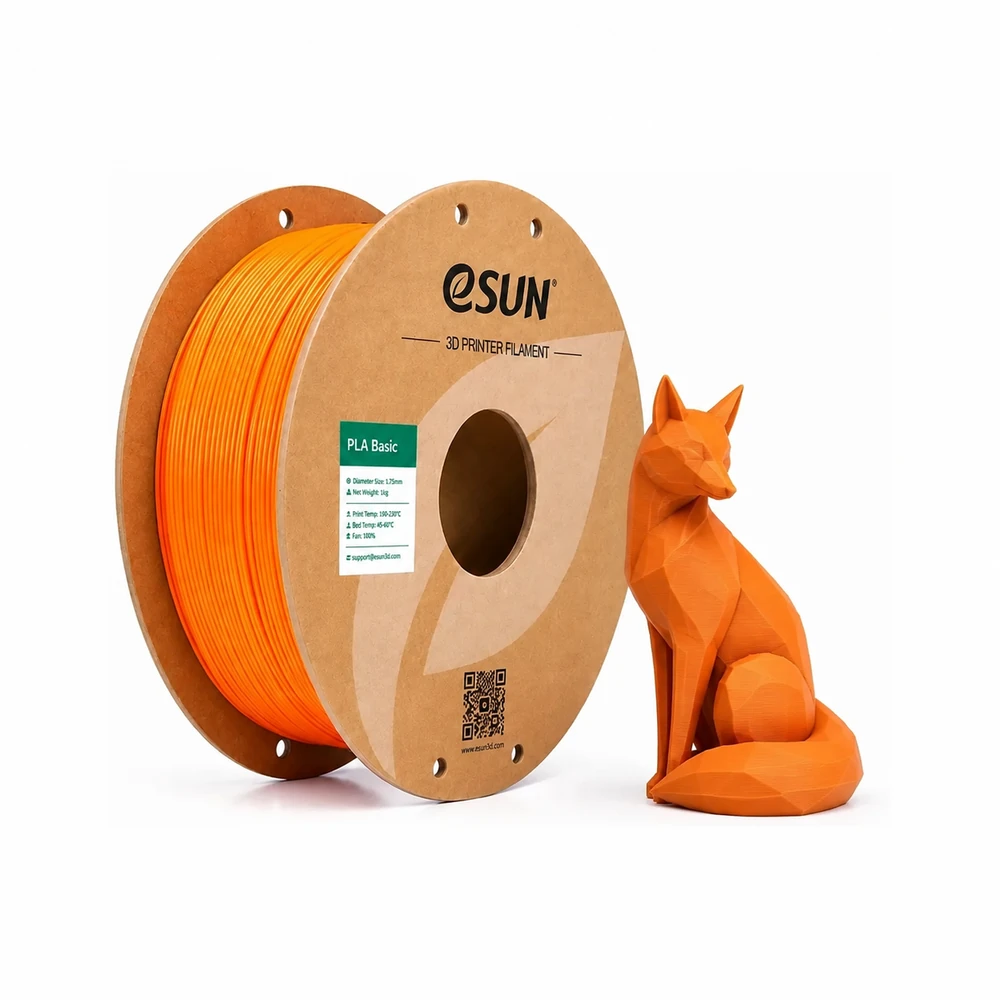Bobine eSUN PLA Basic orange avec une sculpture géométrique de renard