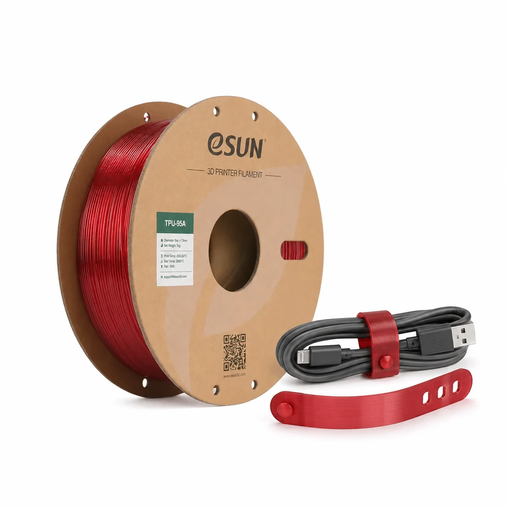 Bobine eSUN TPU 95A rouge translucide avec des sangles souples réutilisables pour câbles