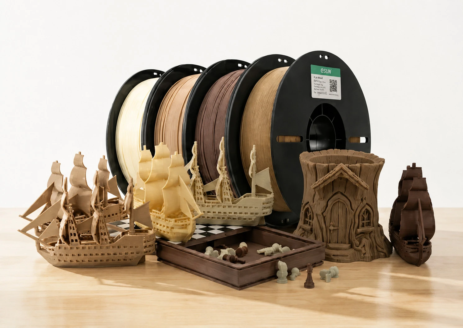 Bobines de filament PLA Bois eSUN et exemples d’impressions 3D