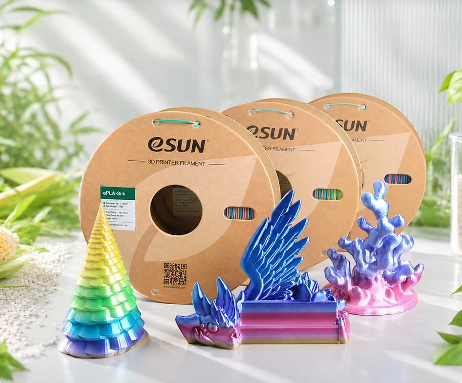Objets décoratifs imprimés avec le filament PLA Silk Rainbow eSUN