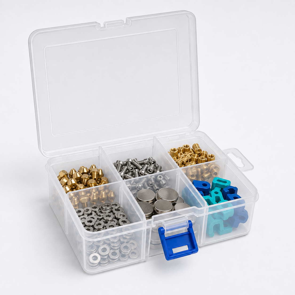 Boîte remplie de petits accessoires pour l’atelier 3D