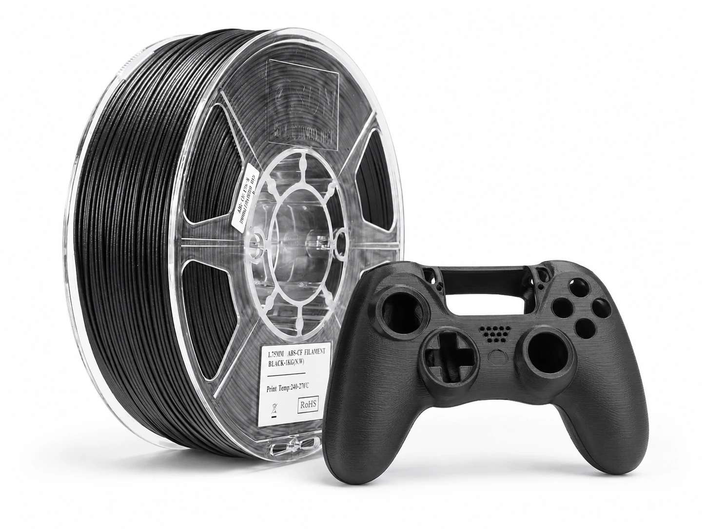 Bobine d’ABS CF noire et coque de manette imprimée en 3D