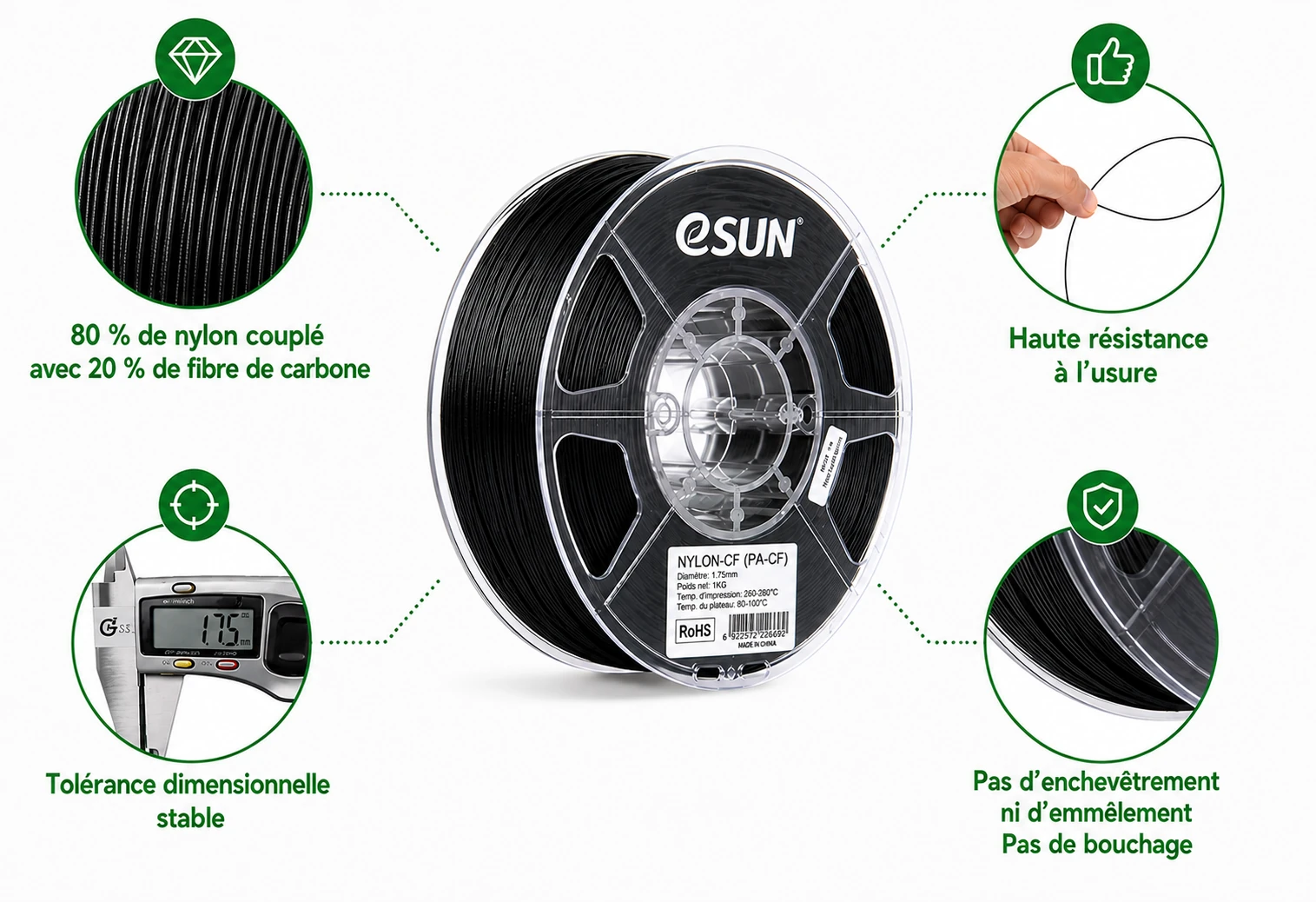 Caractéristiques techniques du nylon PA-CF eSUN renforcé en carbone