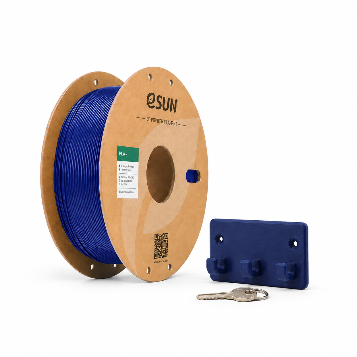 Bobine eSUN PLA+ bleu foncé avec un porte-clés mural rectangulaire à trois crochets